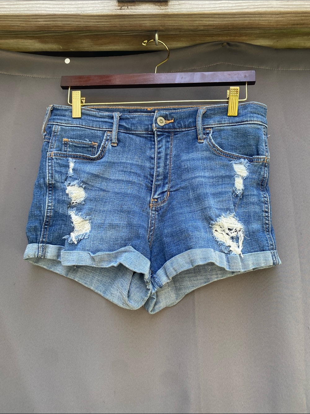 Hollister Ripped Rolled Hem Denim Shorts - Blue